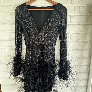 Banjul Black Sequin Long Sleeve Feather-Trim Cocktail Dress